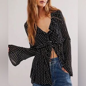 NWOT Free People Sheer Polka Dot Black Blouse